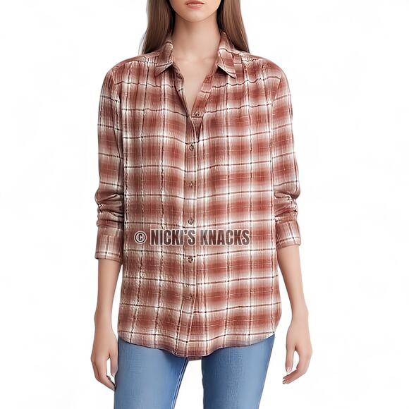 beachlunchlounge Tops - BeachLunchLounge Whitney Plaid Button Up Shirt in Golden Maple Size XL